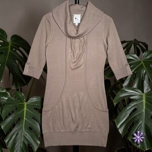 PINK ROSE Knit Sweater Dress | Taupe | Cowl Neck | Pockets | 3/4 Sleeve | MEDIUM